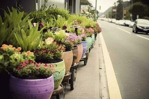 Blume Töpfe auf das Seite von das Straße, generieren ai foto