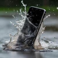 Telefon fiel in ein Pfütze planschen im Wasser ai generiert foto