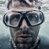 Mann Gesicht unter Wasser im wasserdicht Brille ai generiert foto