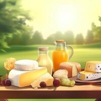 Käse und Molkerei auf ein Natur Hintergrund ai generiert foto