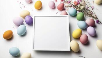 bunt Ostern Eier mit Weiß Rahmen Kopieren Raum , generativ ai foto