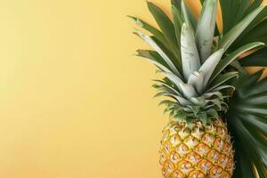 schön Ananas auf tropisch Palme Monstera Blätter isoliert auf hell Pastell- Gelb Hintergrund, oben Sicht, eben legen, Overhead über Sommer- Frucht. , generieren ai foto