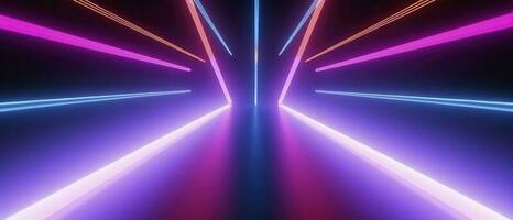 3d Wiedergabe, gerundet Rosa Blau Neon- Linien, glühend im das dunkel. abstrakt minimalistisch geometrisch Hintergrund. ultraviolett Spektrum. Cyber Raum. futuristisch Hintergrund, generieren ai foto