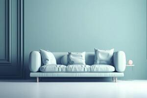 Sanft Blau Sofa auf ein Blau Hintergrund, 3d Illustration, modern minimalistisch Leben Zimmer Innere Detail. Gemütlichkeit, Sozial Medien und Verkauf Konzept, kreativ Werbung Idee, ai generiert Bild. foto