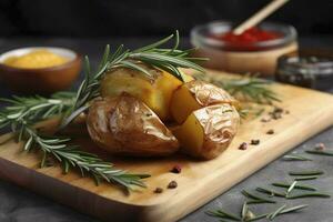 lecker gebacken Kartoffel und aromatisch Rosmarin serviert auf hölzern Planke, Nahaufnahme, generieren ai foto