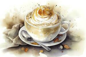 Hand gezeichnet Aquarell Kaffee mit Schokolade Kuchen, Cappuccino Tasse mit Untertasse, isoliert auf Weiß Hintergrund. köstlich Essen Illustration, generieren ai foto