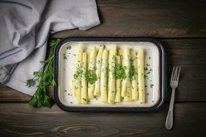 traditionell gedämpft Weiß Spargel mit Hollandaise Soße und Kräuter wie ein oben Aussicht im ein Emaille Tablett auf ein alt Holz Tabelle mit Kopieren Raum auf das Rechts, generieren ai foto