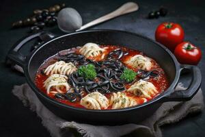 traditionell Italienisch Spaghetti al Nero di seppia mit Tintenfisch Tinte im Tomate Soße serviert wie Nahansicht im ein Gusseisen schwenken auf ein hölzern Planke, generieren ai foto