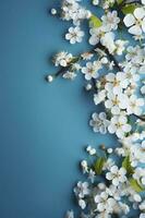 schön Frühling Grenze, Blühen Rose Busch auf ein Blau Hintergrund. blühen Rose Hüften gegen das Blau Himmel. Sanft selektiv Fokus , generieren ai foto
