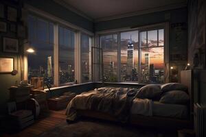 generativ ai Illustration von Luxus Penthouse Schlafzimmer beim Nacht foto