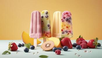 schweben Eis Sahne Eis am Stiel mit Obst und Beeren auf Pastell- Hintergrund, kostenlos Copyspace zum Text. fliegend Eis Creme, Sommer- Nachtisch, gefroren Obst Saft. ai generiert Bild foto