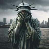 Statue von Freiheit Weinen mit ihr Hände Abdeckung ihr Gesicht, regnet außen, Stadt Hintergrund, generieren ai foto