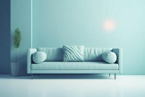 Sanft Blau Sofa auf ein Blau Hintergrund, 3d Illustration, modern minimalistisch Leben Zimmer Innere Detail. Gemütlichkeit, Sozial Medien und Verkauf Konzept, kreativ Werbung Idee, ai generiert Bild. foto