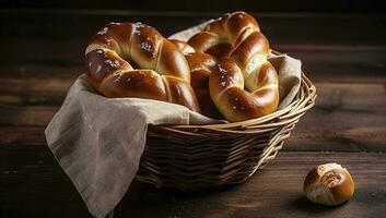 Brezel Stöcke und Brezel Rollen, bayerisch Lauge Brötchen mit Salz- im ein Korb, generieren ai foto