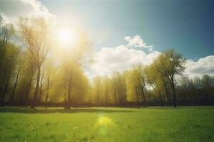 schön verschwommen Hintergrund Bild von Frühling Natur mit ein ordentlich getrimmt Rasen umgeben durch Bäume gegen ein Blau Himmel mit Wolken auf ein hell sonnig Tag, generieren ai foto