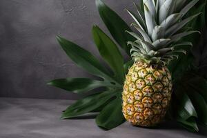 frisch Ananas mit tropisch Blätter auf grau Hintergrund. , generieren ai foto