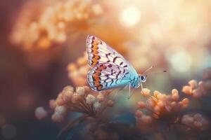 Feld von Gänseblümchen im golden Strahlen von das Rahmen Sonne im Frühling Sommer- Natur mit ein Orange Schmetterling draußen, ai generiert foto