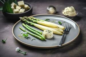 traditionell bayerisch Weiß Spargel serviert mit wild Knoblauch und Mandel Butter Nahansicht auf ein nordisch Design Teller mit Kopieren Raum, generieren ai foto