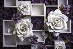 3d Wandgemälde modern Hintergrund. lila Rose Blumen mit Quadrate und dekorativ Hintergrund . modern Kunst zum Mauer Zuhause Dekor, generieren ai foto