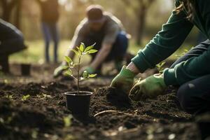 Menschen Pflanzen Bäume oder Arbeiten im Gemeinschaft Garten fördern lokal Essen Produktion und Lebensraum Wiederherstellung, Konzept von Nachhaltigkeit und Gemeinschaft Engagement , generieren ai foto