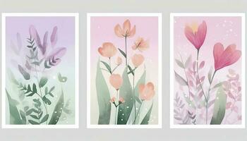 abstrakt Blumen- Startseite Hintergrund Vektor. einstellen von Frühling Pflanze Hand gezeichnet Vorlage mit Blumen, Blätter, und Wildblumen. bunt Aquarell Textur Design zum Hintergrund, Banner, Drucke, generieren ai foto