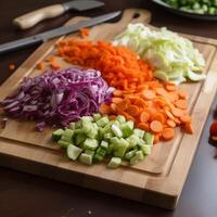 Kochen im das Küche frisch gehackt Gemüse ai generiert foto