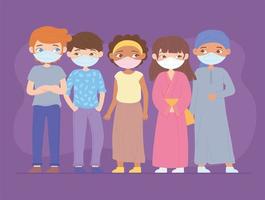 Zeichentrickfiguren für Mädchen und Jungen mit medizinischen Gesichtsmasken foto