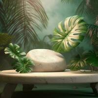 Stein Podium zum kosmetisch Anzeige mit Natur tropisch Blätter foto