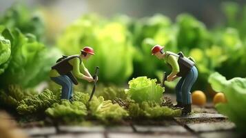ein Miniatur Arbeitskräfte Arbeiten auf Grüner Salat foto