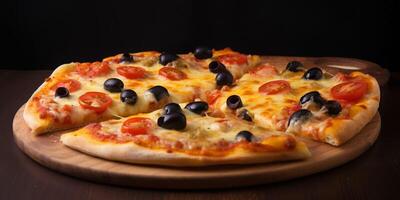 ein Pizza mit Tomaten und Oliven ai generiert foto
