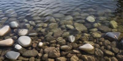 Wasser Oberfläche mit Felsen und Kieselsteine auf es ai generiert foto