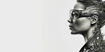 Profil Porträt von Roboter bot ai mit in Verbindung gebracht Brille Weiß Hintergrund. Synthetik Humanoid Roboter, künstlich Intelligenz.Porträt von Gynoid, futuristisch Cyborg. Banner mit Raum zum Text, Kopieren Raum foto