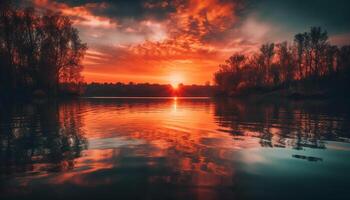 beschwingt Sonnenuntergang Betrachtung auf still Teich Oberfläche generiert durch ai foto