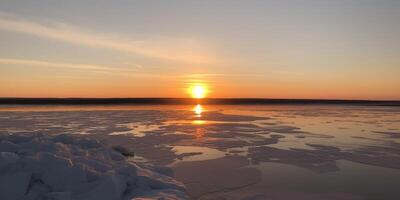 Sonnenuntergang auf das Strand mit Berge im das Hintergrund ai generiert foto