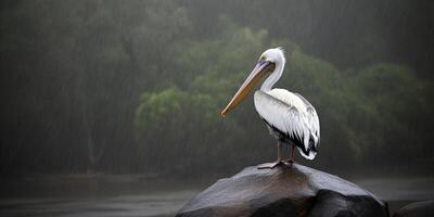 Pelikan steht Über das Wasser ai generiert foto