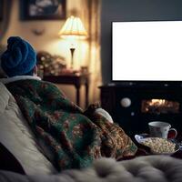 unkenntlich Person Aufpassen Fernseher auf Sofa unter warm Decke, neural Netzwerk generiert Kunst foto