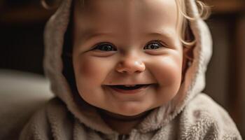 zahnig lächelnd Kleinkind, süß und spielerisch draußen generiert durch ai foto