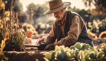 Senior Mann im Stroh Hut Pflanzen frisch Blumen generiert durch ai foto