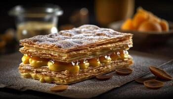 hausgemacht Dessert Stapel Obst Waffel mit Karamell generiert durch ai foto