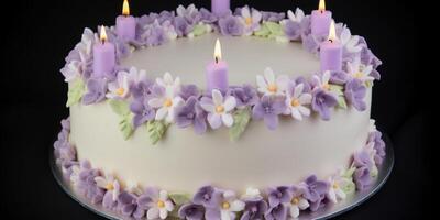 Geburtstag Kuchen mit Sahne Blumen und Liliac ai generiert foto