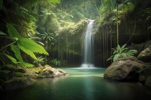 Wasserfall im ein tropisch Urwald generativ ai foto