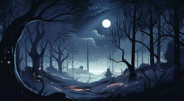 das Landschaft von ein gespenstisch Wald beim Nacht, im das Stil von realistisch Blau Himmel, wunderlich Illustration, detailliert Hintergründe, kostenlos Pinselführung, generieren ai foto