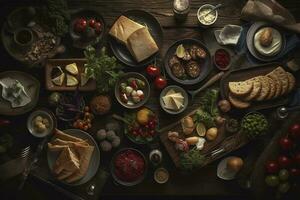Tabelle Szene mit ein Auswahl von köstlich Lebensmittel. oben Aussicht Über ein dunkel Holz Banner Hintergrund, generieren ai foto