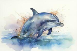 Farbe ein spielerisch Delfin Springen aus von das Wasser Aquarell malen, schön natürlich Formen, knackig sauber Formen, bunt, Weiß Hintergrund, generieren ai foto