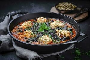 traditionell Italienisch Spaghetti al Nero di seppia mit Tintenfisch Tinte im Tomate Soße serviert wie Nahansicht im ein Gusseisen schwenken auf ein hölzern Planke, generieren ai foto