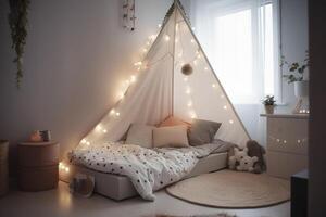 Kinder Schlafzimmer im dunkel Farben. gemütlich Kinder Zimmer Innere, skandinavisch nordisch Design mit Licht Girlanden und Sanft Kissen, Zelt Überdachung Bett. Kinder Zimmer im Abend mit Beleuchtung An. ai generiert Bild. foto