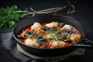 traditionell Italienisch Spaghetti al Nero di seppia mit Tintenfisch Tinte im Tomate Soße serviert wie Nahansicht im ein Gusseisen schwenken auf ein hölzern Planke, generieren ai foto