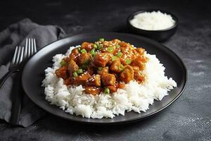 Süss und sauer Chili Soße Hähnchen mit Reis im ein Platte, generieren ai foto