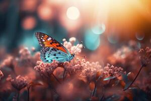 Feld von Gänseblümchen im golden Strahlen von das Rahmen Sonne im Frühling Sommer- Natur mit ein Orange Schmetterling draußen, ai generiert foto