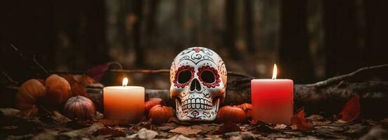 Tag von das tot Schädel. dia de los Muertos. Tag von das tot und Mexikaner Halloween Hintergrund. Mexikaner Tradition Festival. Tag von das tot Zucker Schädel. dia de los Muertos, generieren ai foto